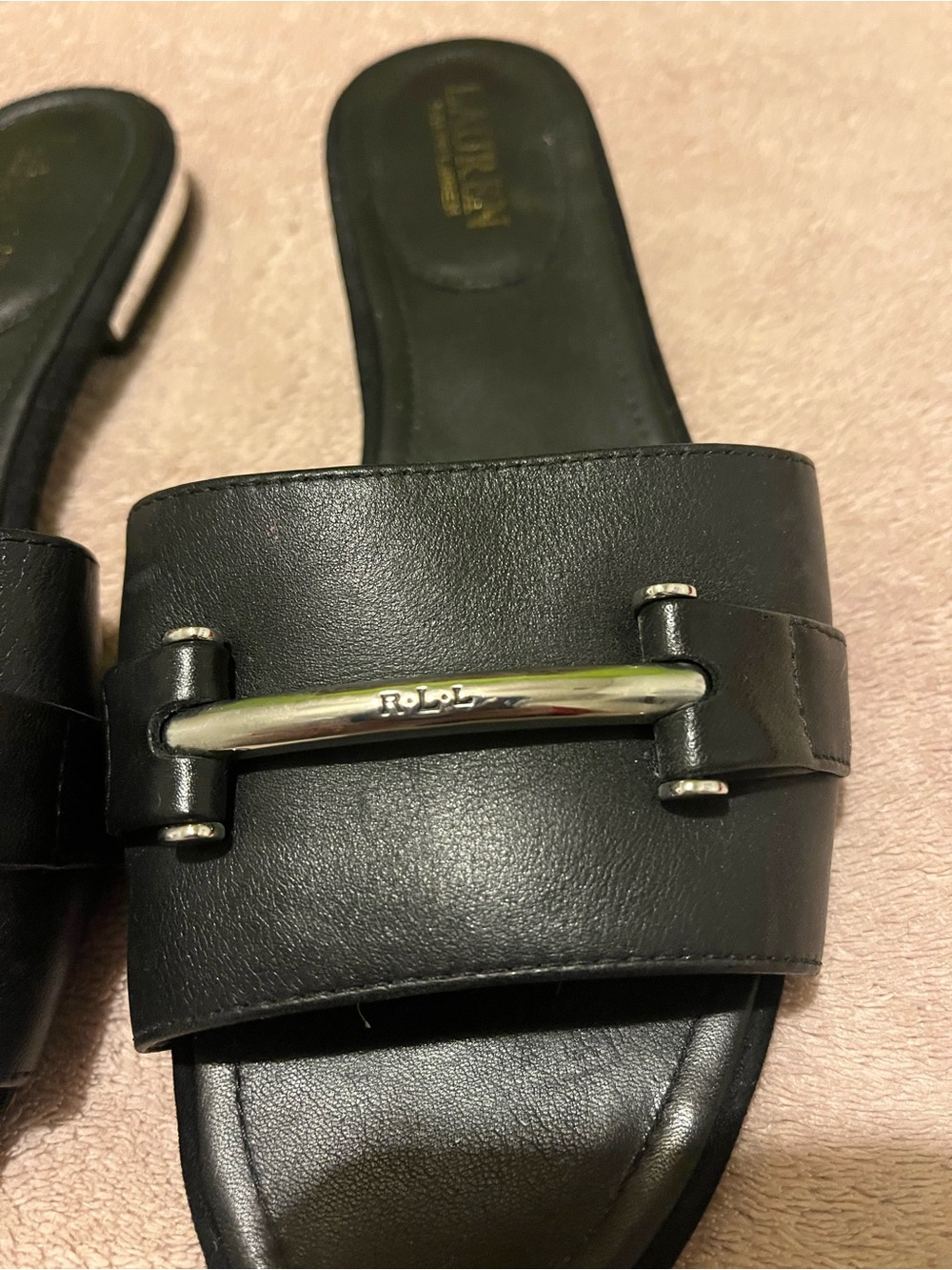 Lauren Ralph Lauren Black Leather Slide Sandals - Picture 4 of 8